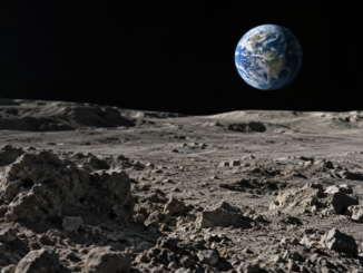 Vue photo-réaliste de la surface lunaire avec la Terre au-dessus de l’horizon