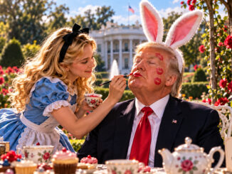 Alice dans un jardin merveilleux maquille Donald Trump portant des oreilles de lapin devant la Maison-Blanche