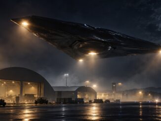 Immense appareil triangulaire sombre au-dessus d’une base aérienne militaire de nuit