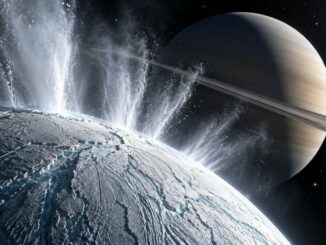 Encelade projetant d’immenses geysers de glace dans l’espace devant Saturne
