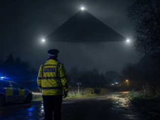 Policier britannique de dos sur une route de nuit, face à un immense triangle noir dans le ciel