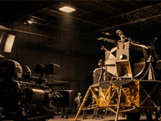 Vignette photoréaliste évoquant un studio, des caméras et un module lunaire, symbolisant les hypothèses de mise en scène