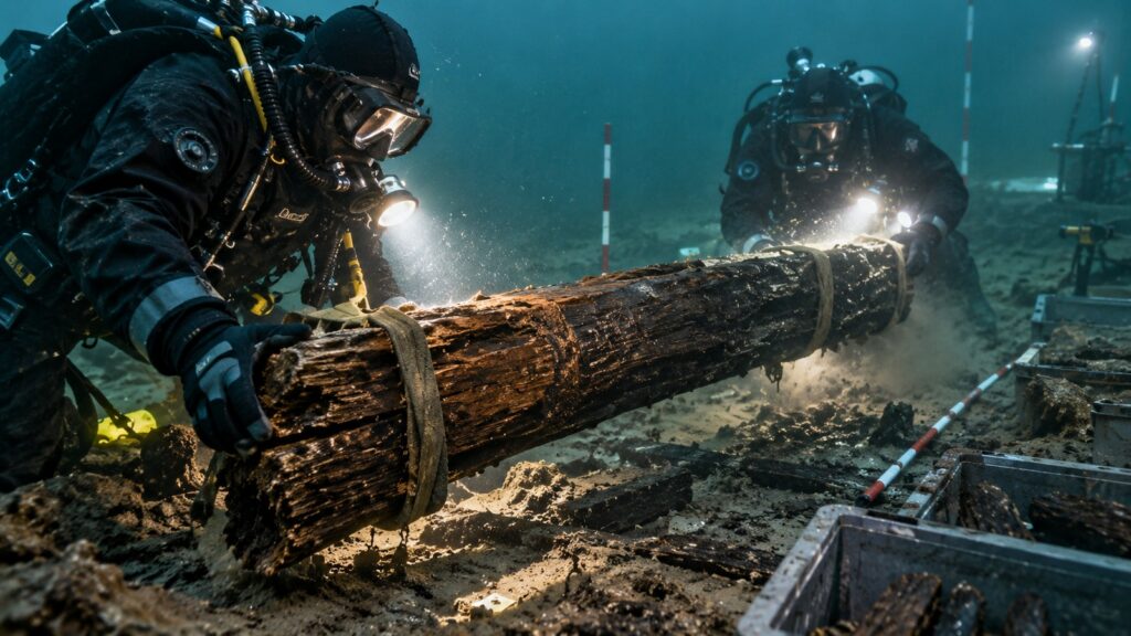 Plongeurs archéologues récupérant un ancien bois travaillé sur un fond lacustre