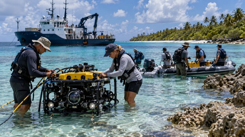 Équipe d’exploration préparant un robot sous-marin dans un lagon tropical