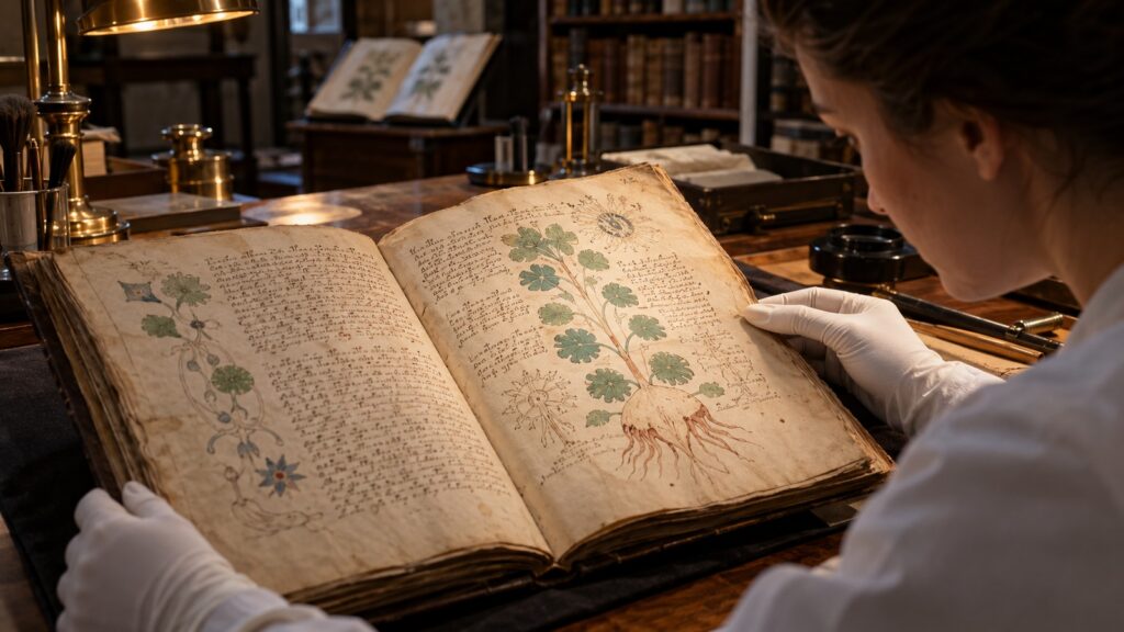 Chercheuse examinant un manuscrit ancien ouvert sur une table de bibliothèque sous une lumière chaude