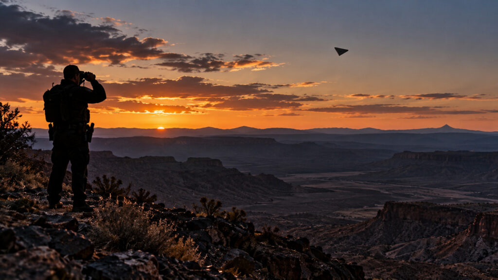 Observateur sur une crête rocheuse surveillant un triangle noir lointain au coucher du soleil, scène reconstituée