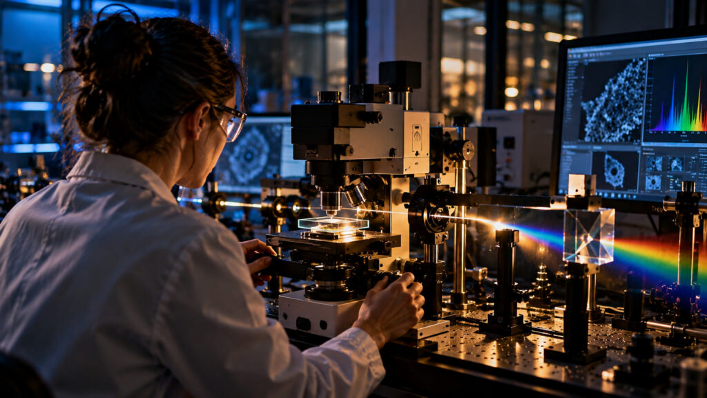 Chercheuse examinant un dispositif de microscope et d’optique lumineuse en laboratoire