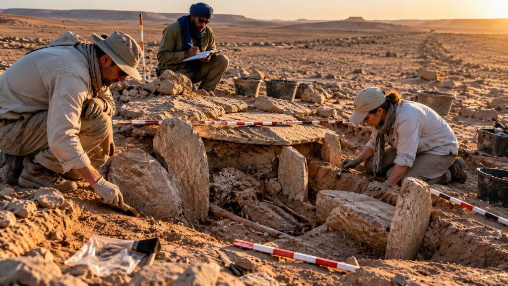 Archéologues reconstitués fouillant une tombe de pierre en milieu désertique au soleil couchant