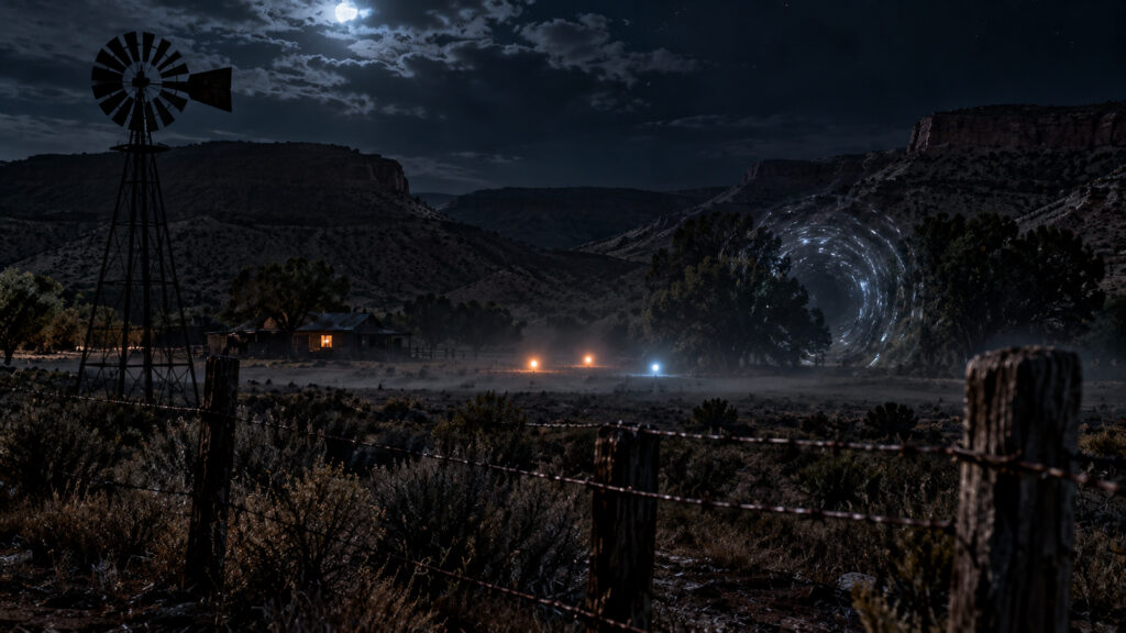 Reconstitution cinématographique nocturne d'un ranch isolé de l'Utah, orbes lumineux et paroi ondulante dans les arbres