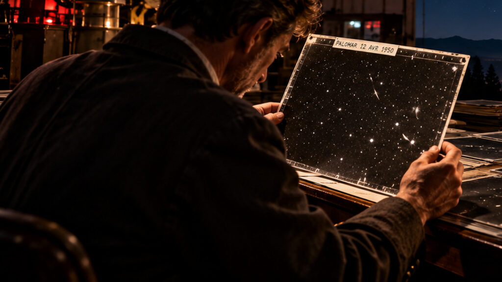Reconstitution cinématographique d'un chercheur examinant une plaque photographique dans un observatoire ancien