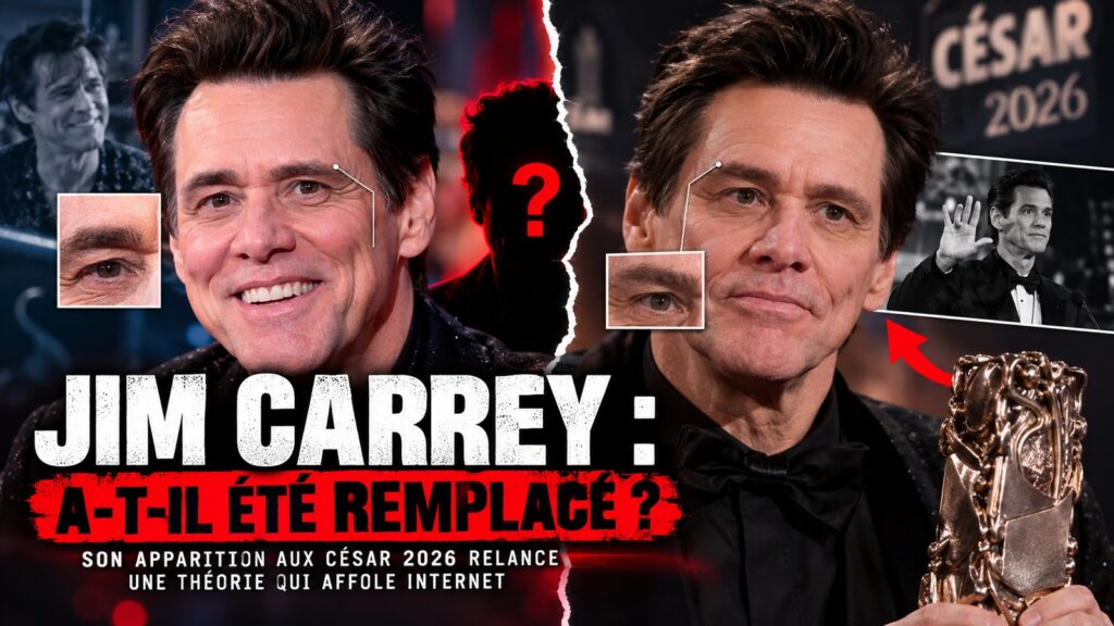 Montage éditorial autour de Jim Carrey et de son apparition aux César 2026
