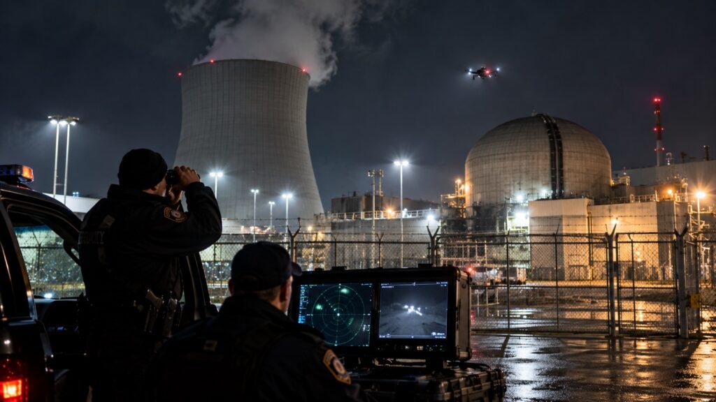 Agents de sécurité surveillant un drone au-dessus d’une centrale nucléaire de nuit