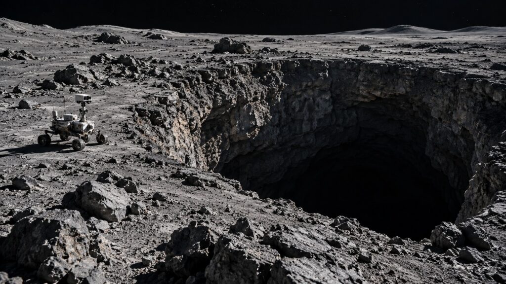 Rover au bord d’un immense gouffre lunaire
