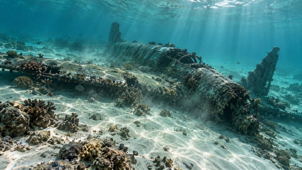 Épave d’un ancien avion reposant sous des eaux tropicales peu profondes