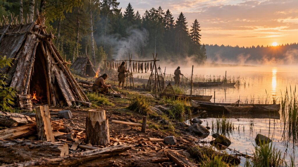 Reconstitution d’un camp de chasseurs-cueilleurs installé au bord d’un lac au Mésolithique
