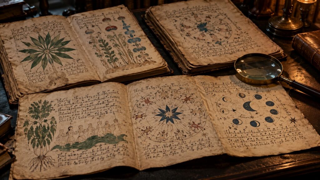 Plusieurs feuillets d’un manuscrit ancien déployés sur une table avec diagrammes, plantes et écriture mystérieuse