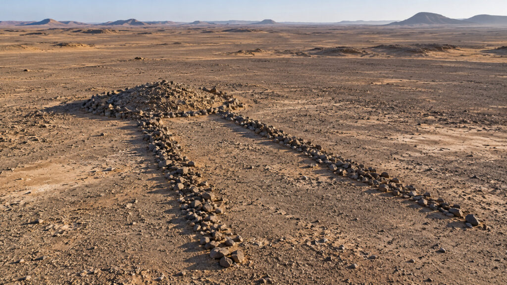 Vue aérienne reconstituée d’un tumulus oval et de deux alignements divergents dans un désert aride