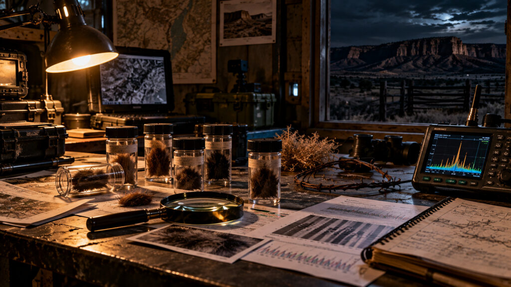 Reconstitution d'un laboratoire de terrain avec pots de prélèvements de poils, analyseur de spectre, cartes et cahiers devant un paysage d'Utah