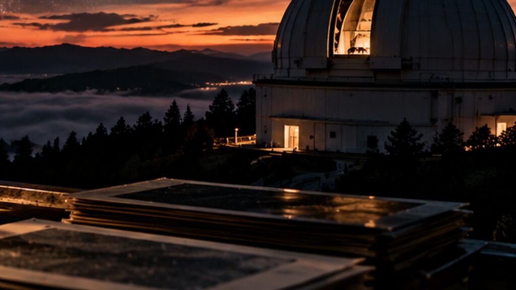 Reconstitution nocturne d'un observatoire au sommet des montagnes sous un ciel étoilé