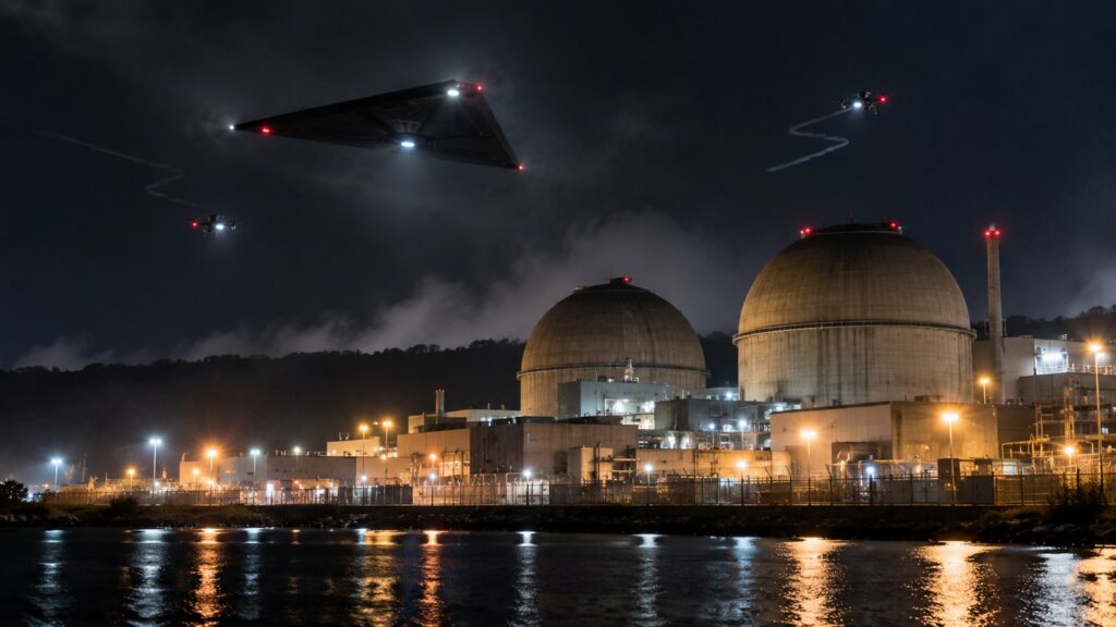 Grand appareil triangulaire et deux petits drones au-dessus d’une centrale nucléaire de nuit