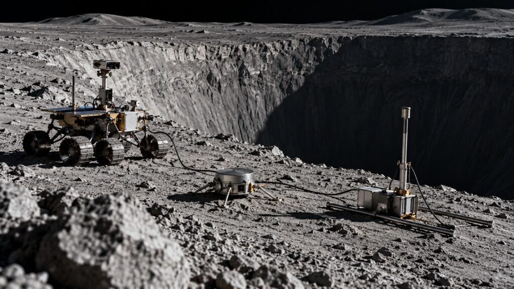 Instruments scientifiques déployés près d’un gouffre lunaire