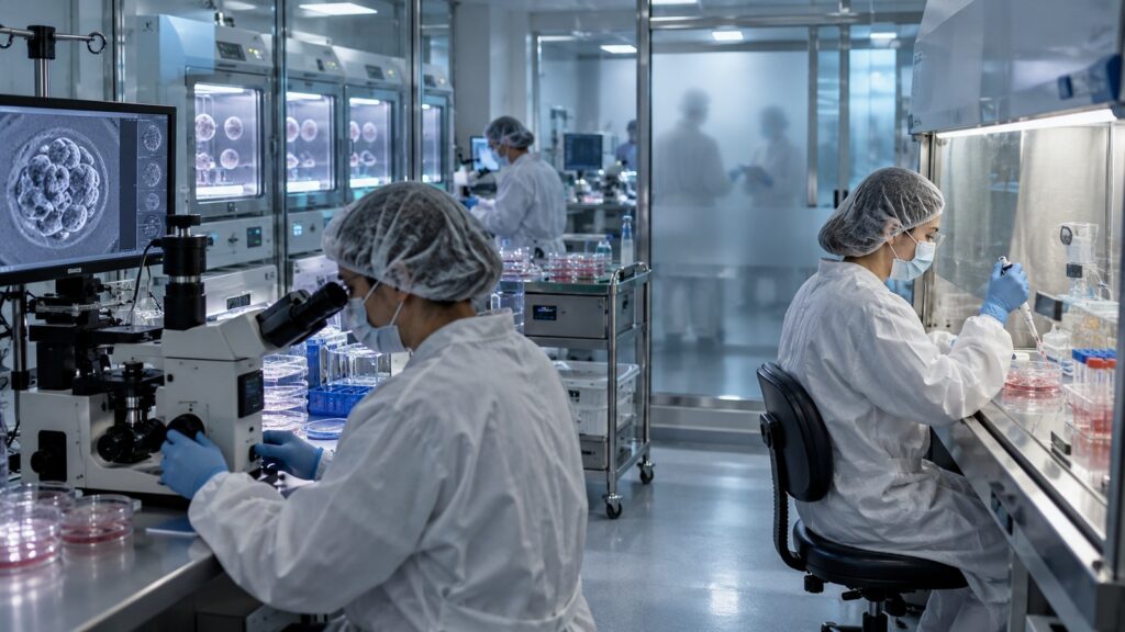 Laboratoire biomédical futuriste lié aux recherches cellulaires