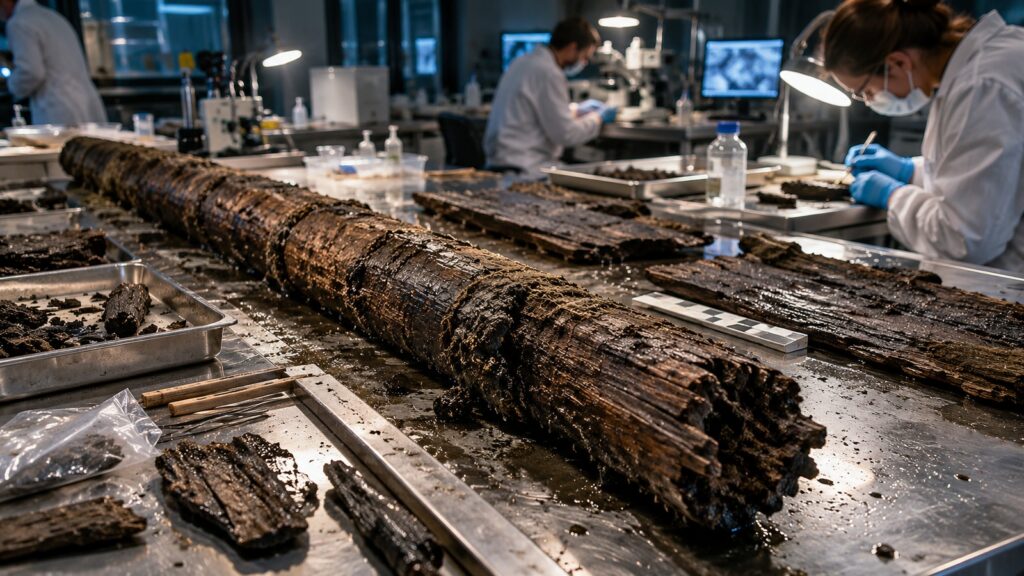 Conservateurs étudiant en laboratoire un long bois archéologique gorgé d’eau