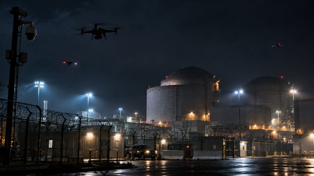 Plusieurs drones survolant le périmètre sécurisé d’une centrale nucléaire par mauvais temps