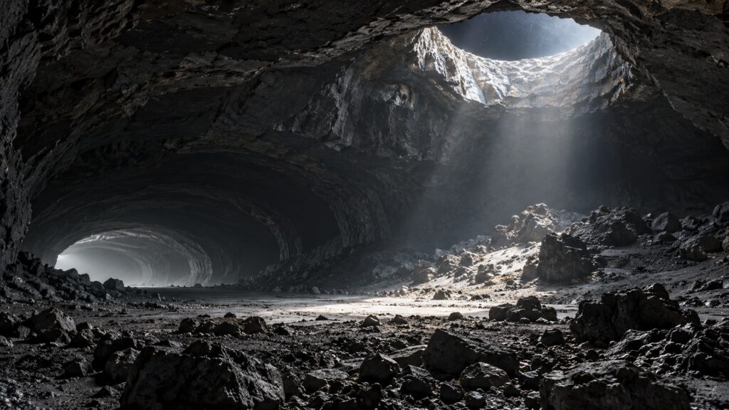 Immense cavité rocheuse sous un puits lunaire