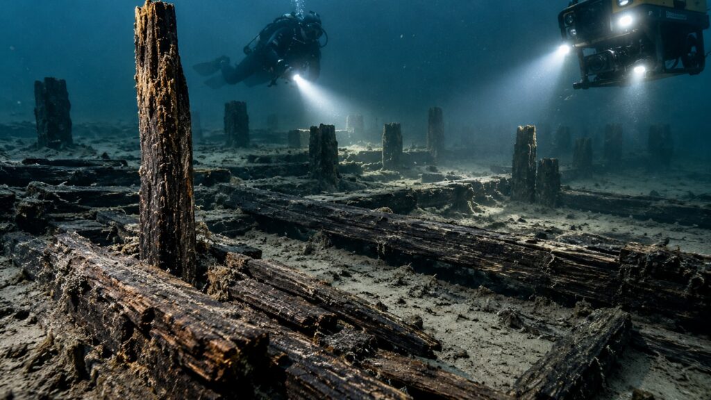 Plongeur et robot sous-marin inspectant des bois anciens sur un fond lacustre sombre