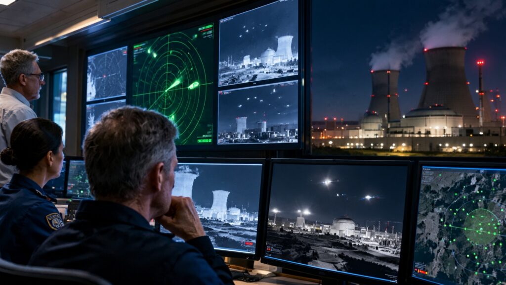 Centre de surveillance analysant des pistes radar et des caméras autour d’installations nucléaires