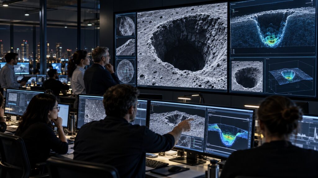 Centre de contrôle analysant des images du gouffre lunaire
