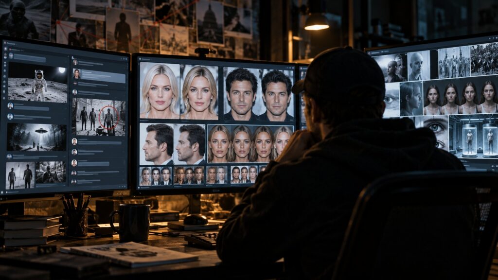 Salle d’analyse avec écrans montrant des comparaisons de visages