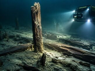 Robot sous-marin éclairant d’anciens bois sur le fond sombre d’un lac