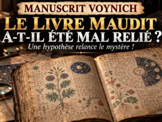 Composition éditoriale d’un manuscrit ancien ouvert dans une bibliothèque, avec écriture énigmatique et diagrammes mystérieux.
