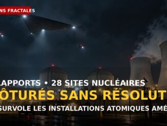 Centrale nucléaire de nuit survolée par un grand appareil triangulaire et deux drones